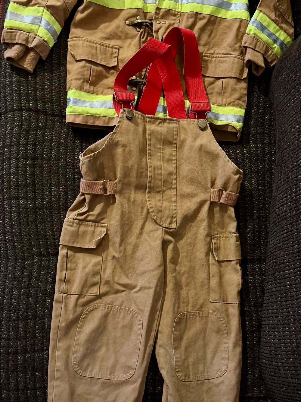 Kids fireman costume Tan Firefighter-Style Bib Overalls with Red Suspenders